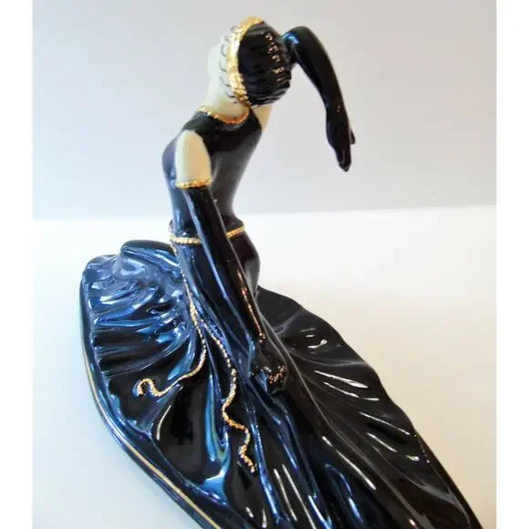 Art Deco LADY DANCER FIGURINE Black Porcelain 24K Gold Accent Split Ballet Pose